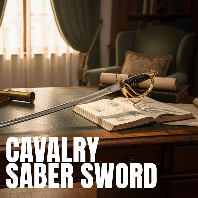 SZCO 40" 1840 Cavalry Saber Sword – Civil War Sword Replica with Black Handle & Gold Wire Wrap, Brass Guard & Pommel, Curved Steel Blade & Metal Scabbard for Collectors, Reenactments & Display