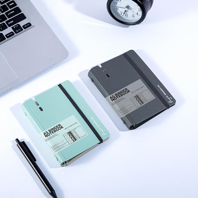 CAGIE 2 Pack A7 Binder 6 Ring Refillable Notebook, Dividers & Pockets | Hourly Planning Square Ruled and Dotted Pages, Refill Paper Included (Grey & Blue, A7 Hourly & Dot Page)
