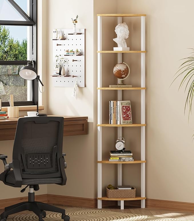 Corner Shelf, 6-Tier Corner Bookshelf, Industrial Corner Ladder Shelf, DIY Storage Shelves, Rustic Display Shelf for Living Room, Bedroom, Kitchen, Home Office, White and Nature Wood Color UJSJ004Q
