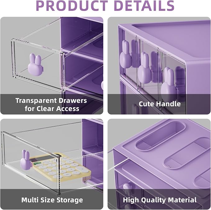 Marbrasse Desk Organizer with 6 Drawers, 3 Tier Stackable Storage Drawers Plastic Makeup Storage, Office Organizers and Storage, Desk Storage Box for Office, School, Home Purple