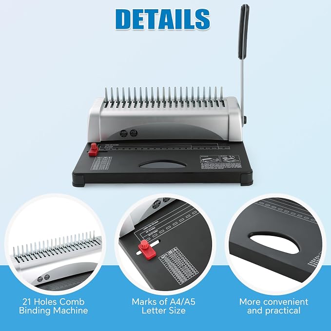 FLKQC 21 Hole Comb Binding Machine with 100PCS 3/8'' Plastic Comb Spines | 21-Hole, Manual Book Binding Machine for Letter Size, A4, A5 Paper, For Booklet Binding, Paper Punch Binder Machine