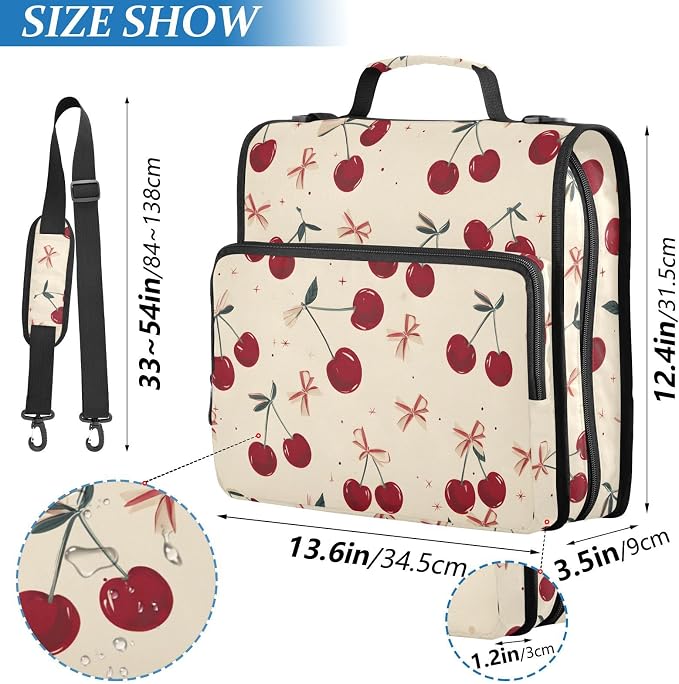 Retro Bow Cherry 3 Ring Binder Bag 1.5 inch Binder Organizer with Zipper Shoulder Strap 500 Sheet Documents Storage for School Office