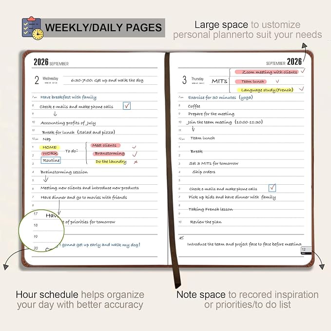Benkaim Academic Daily Planner 2026-2027 One Page A Day (8.5"x5.8"), Calendar Book with Hourly Schedule, Appointment Book July 2026 to June 2027 Hard Cover (Black)