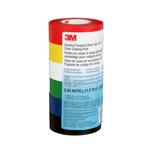 3M General Purpose Vinyl Tape 764, Color Coding Pack, 6 Roll per Pack | 0.94" x 21.8 yd, Great for Light Traffic Floor Marking Tape, Safety, and Bundling
