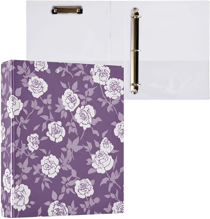 3 Ring Binder Flower Leaves Purple 1.5 inch Binders Three Ring Binders with Clipboard Fit 8.5'' x 11'' Paper 3 Interior PVC Clear Pockets for Office Supplies