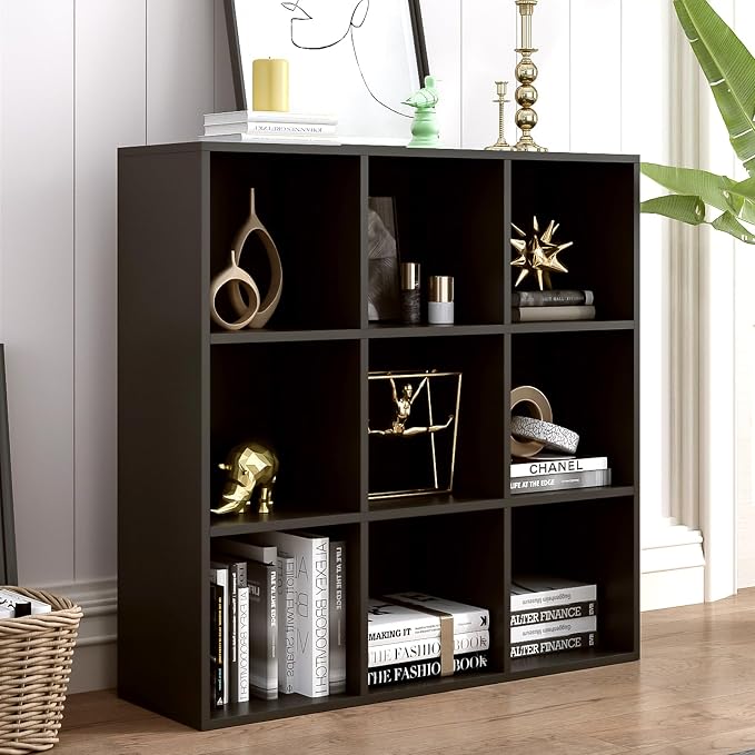 9-Cube Storage Shelf Bookcase, Black | Wooden 3-Tier Open Bookshelf, Fits 11×11" Bins, Vertical or Horizontal Use, Full Back Panels, For Home Office
