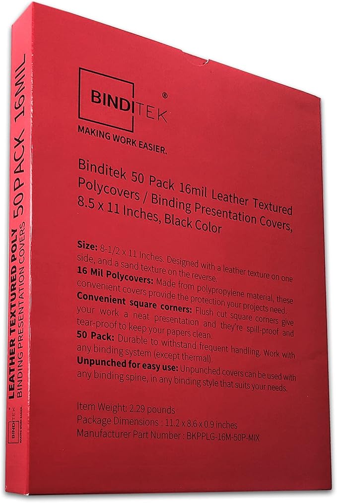 Binditek 16 Mil Leather-Textured Polycovers, 8.5x11 Inches, Black, 50 Pack | Leather-Textured Binding Covers, 8.5x11 Inches Letter Size, Plastic Binding Presentation Covers, Square Corners, Unpunched