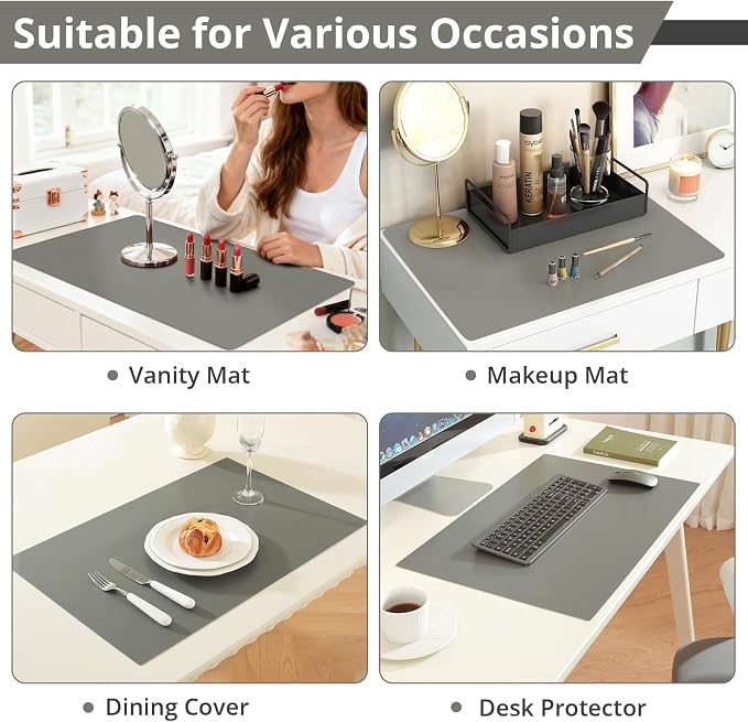 LovePads Makeup Mat for Vanity, 16" x 32" PVC Desk Mat & Dresser Cover Top | Waterproof Desk Protector, Vanity and Desk Accessories; Wipes Clean, Ideal for Writing, Nail Art, Craft Table, Dark Grey+Grey