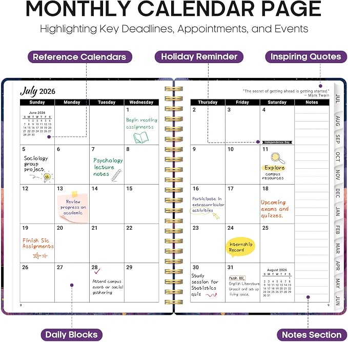 Academic Planner 2026-2027, Jul 2026-Jun 2027 Monthly & Weekly Planner