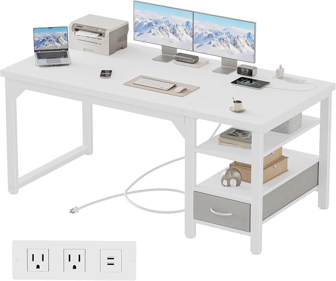 54" Computer Desk with Drawer, 1.2" Thick Reversible Office Desk | Modern Writing Table with Power Outlets & Storage Shelves, Heavy Duty Industrial Executive Desk for Home Bedroom Study Work
