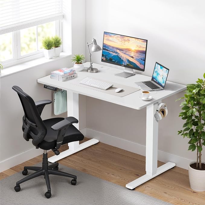 55 x 24 in Electric Standing Desk - Memory Height Adjustable | Ergonomic Sit-to-Stand Rising Computer Table Gaming Workstations with 2 Hooks and Wire Hole for Home Office, White