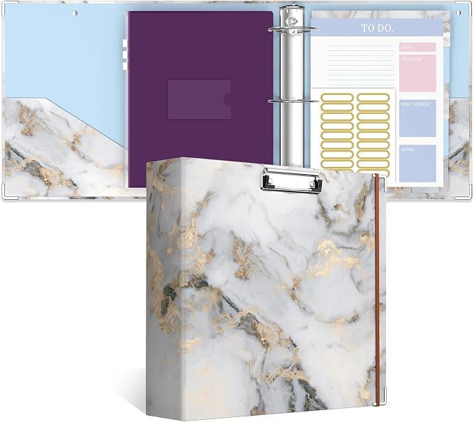 3 Ring Binder, 3 Inches Round Ring Binder with Clipboard, Dividers Tabs, PVC Zipper Bag Sleeves & to Do List Planners for Women, Men, School, Office Supplies, White Marble