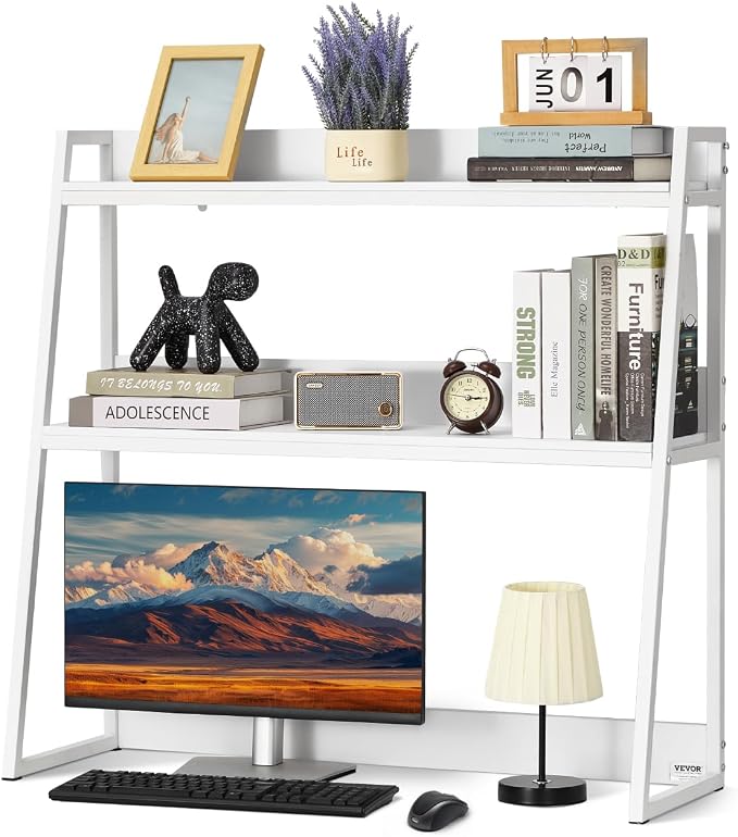 VEVOR Desktop Bookshelf, 2-Tier Desktop Storage Organizer, 37.4" x 12.6" x 35.4" Office Desk Storage Rack Display Shelf, Desktop Bookshelf Hutch with Anti-Slip Feet Pads for Office, Home & Dorm, White