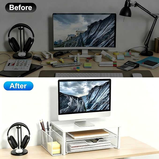Spacrea Desk Organizer and Accessories, Computer Monitor Stand Riser with Drawer and 1 Open Pen Holder, Printer & Laptop Stand, Office Desk Accessories for Home Office Supplies (White)
