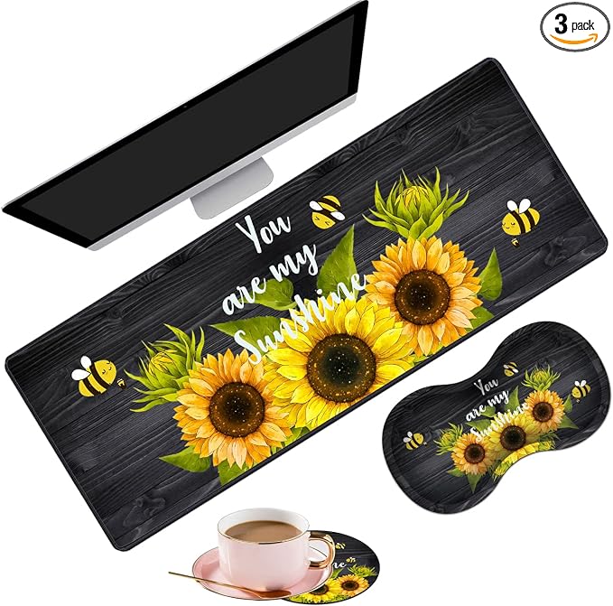 Large Gaming Mouse Pad 31.5x11.8 Inch Keyboard Pad + Ergonomic Wrist Rest Pad and Coaster with Non-Slip 3-Piece Desk Supplies Set, Sunflower, You are My Sunshine Design for Gamers/Office/Study