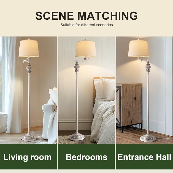 Vintage Floor Lamp with 350° Adjustable Swing Arm 61" Lamps for Living Room | Antique Standing Lamp, Retro Silver Bedroom Floor Lamp, Mid Century Farmhouse Rustic Traditional Brass Tall Swivel Pole Lamp