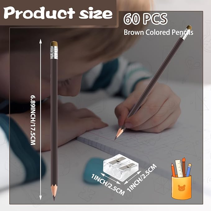 60 PCS Brown Colored Pencils with Eraser Pre Sharpened Pencil 2 HB - Ideal for Checking, Grading, Tests & Office/School Supplies (Brown)