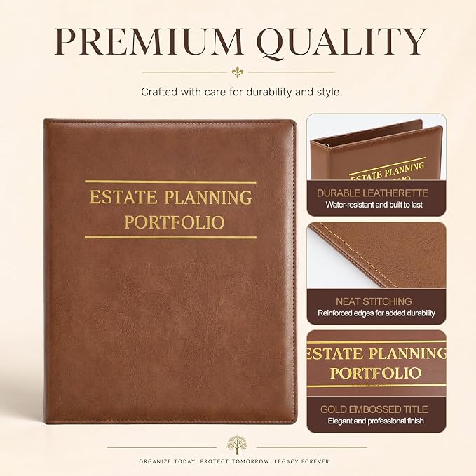 Dunzoom 4 Pcs Estate Planning Portfolio Binder PU Leather 3 Ring Binders with Gold Title and Index Tab Dividers, 11'' x 11.8'' x 2.4'' Estate Planning Organizer (Brown)