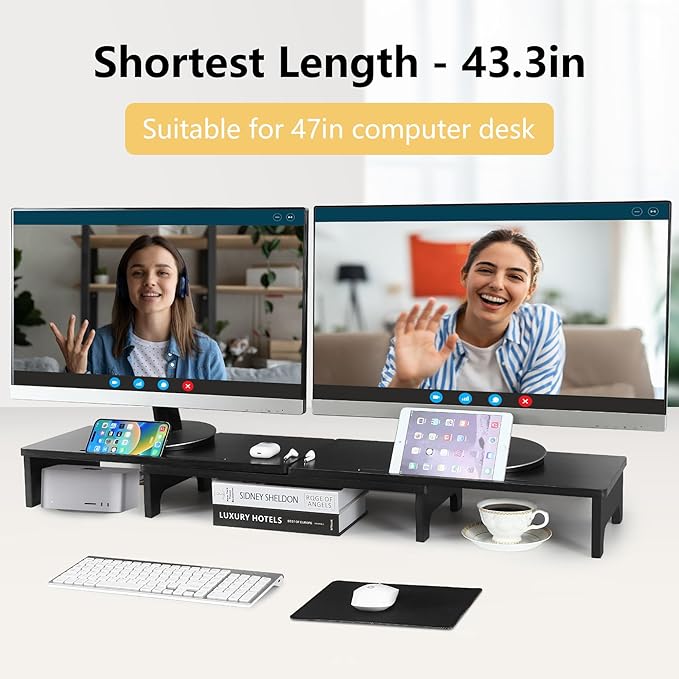 Nnewvante Bamboo Monitor Stand Riser, 60 inch Upgrade Height Large TV Riser | Black, Adjustable Length Angle, Dual Monitor Stand for Desk, 3 Shelves Desktop Screen Riser, For Computer Laptop