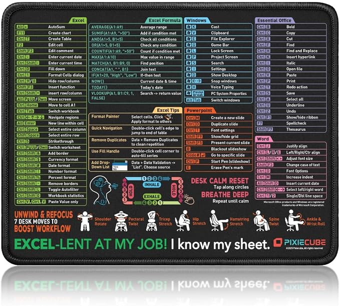 Pixiecube Excel Shortcut Mouse Pad with Windows, Word & PowerPoint Shortcuts - Small Excel Cheat Sheet Desk Pad | Non-Slip Stitched Gaming Mousepad | Large Mouse Pads for Desk Computers & Workstations