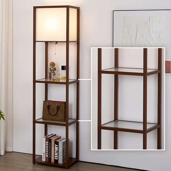 Floor Lamp with Shelves, Modern Shelf Lamps with Tempered Glass, Standing Lamp with LED Bulb, Display Corner Shelf with Lights for Living Room, Bedroom, Office, Brown