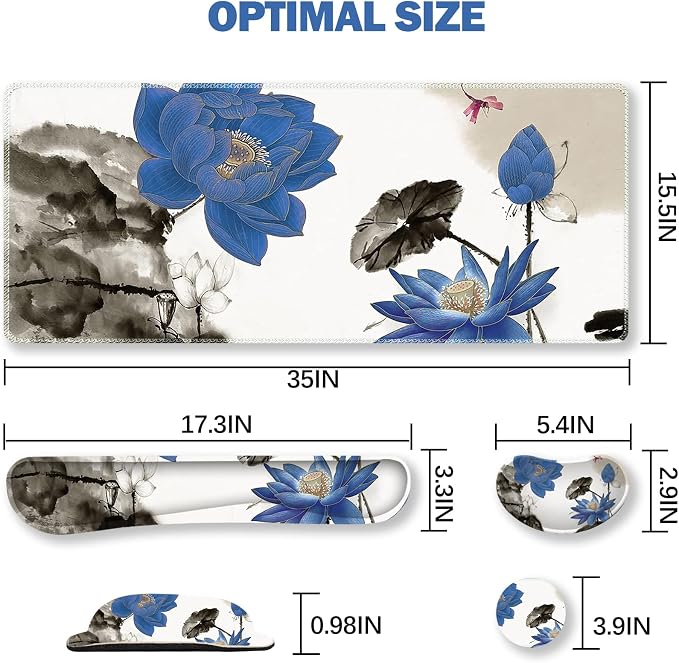 Extended Gaming Mouse Pad Set, Keyboard Wrist Rest Support Pad + Wrist Cushion + XXL Large Mouse Pad + Coaster, Stitched Edge, Non-Slip, Memory Foam Desk Mat, Blue Lotus Ink Painting