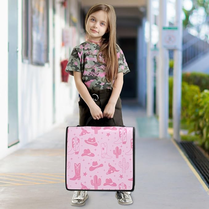 Western Cowboy Pink Print Zipper Binder Bag 3 Ring with Shoulder Strap & Handle Multi Pocket Binder Organizer Bag Large Capacity for School Office Supplies