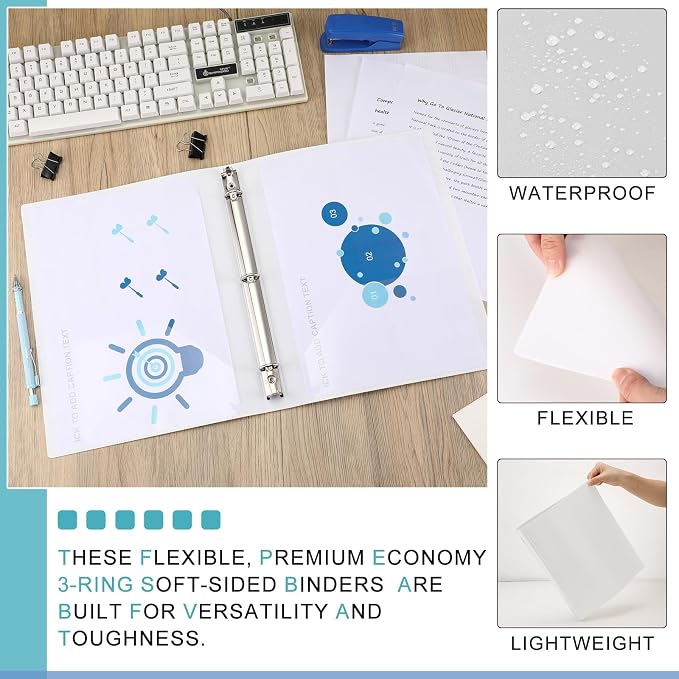 Fulmoon 12 Pcs Economy View 3 Ring Plastic Binder 12.2 x 9.8 Inch Plastic Round Ring Binders with Pockets Notebinder for Meetings for Home, Office, School(White,1 Inch)