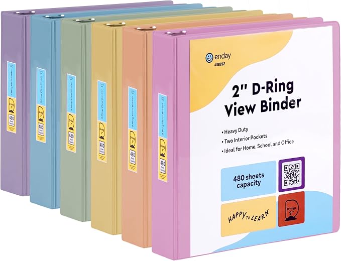 Enday 2 inch 3 Ring Binder (6 Pack - Assorted Colors) Binder 2 inch with Clear View Cover and 2 Inside Pocket - for Letter Size 8.5 x 11'' Paper, Ideal for School Supplies, Office, and Home