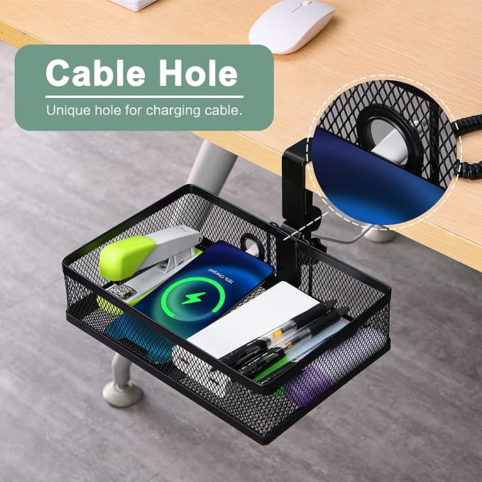 ROSYLINE Under Desk Storage Basket Hanging Drawer Tray, Clamp On Organizer | hickened C-Clamp, High Load No Deformation Sag-Proof, Steel Construction, Clip-On No Drill Mount, Office & Household Storage