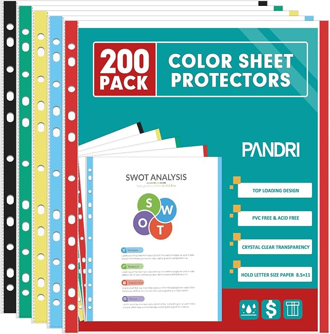 Sheet Protectors, PANDRI 200 Pack Color Heavy Duty Plastic Page Protectors Sheet Reinforced 11-Hole Fit for 3 Ring Binder Fits Standard 8.5 x 11 Paper, 9.25 x 11.25 Top Loaded, Acid Free