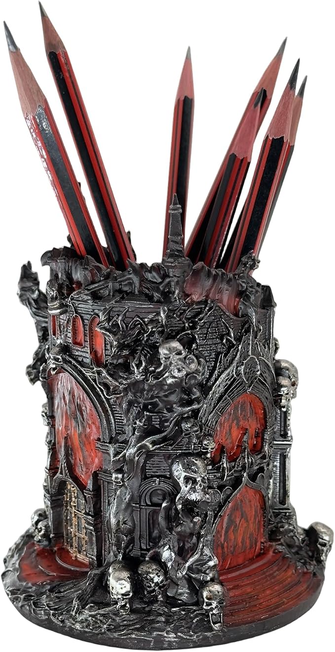 LOOYAR Gothic Inferno Castle Resin Pen Holder for Office & Home Decor | Gothic inferno castle design Premium resin with fine details Holds pens or makeup tools Works For desk vanity aquarium decor