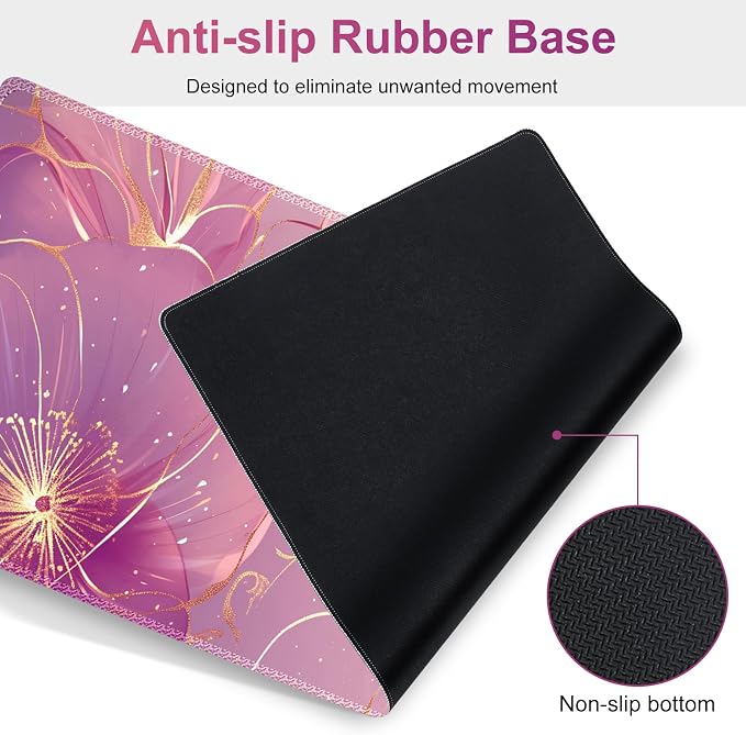 Desk Mat Pad, Gaming Mouse Pad Wrist Support Set, 4 in1 Non-Slip Large Mousepad + Ergonomic Keyboard Wrist Rest+Mouse Wrist Rest+Coaster for Home Office Computer I Pink Purple Gold Floral