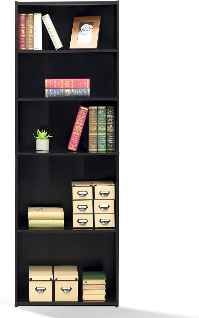 FURINNO Wright 5-Shelf Bookcase, Cinnamon Cherry | 11.6 x 24.6 x 71.3, Open Shelf, for Living Room, Bedroom, Home Office