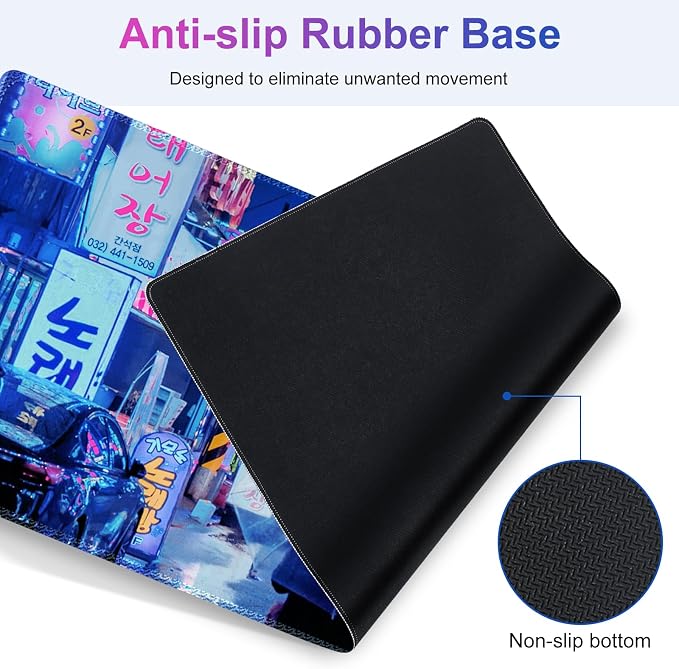 Large Gaming Mouse Pad Set, 4 in 1 Extended Keyboard Desk Mat with Wrist Rest, Computer Game Mousepad, Non-Slip Desk Pad Protector Easy Typing Pain Relief for Home Office I Anime Neon Street