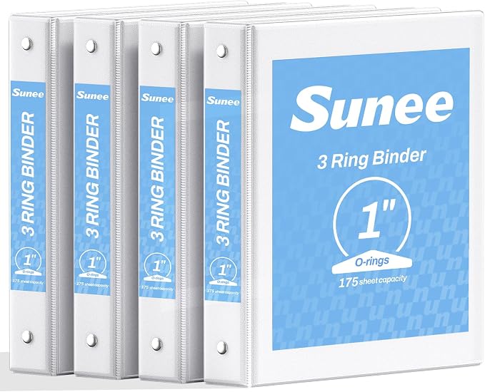 SUNEE 1 Inch Binders 3 Ring 4 Pack, PVC-Free Clear View 1" Binders (Fits 8.5x11 Inches) for School, Office & Home Use, White