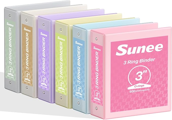 SUNEE 3 Inch Binders 3 Ring 6 Pack, Large 3" Clear View Three Ring Binder PVC-Free (Fit 8.5x11 Inches) for School or Office Supplies, Pastel Assortment