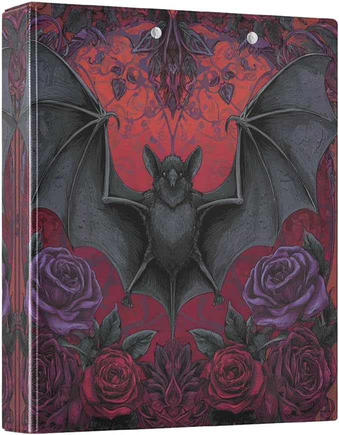 Gothic Bats Rose 3 Round Ring Binders | 1.5 Inch Binder with Clipboard, PVC Pockets, Work Organizer, Holds 200 Sheets for School Office 1 Pack