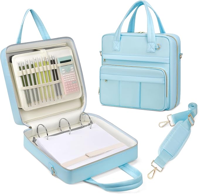 Zipper Binder | 3 Inch O-Ring, 600 Sheet Capacity Trapper Keeper with Shoulder Strap & Handle, Binder Bag with Multiple Storage Pockets, Fits 13" Laptop (Blue)