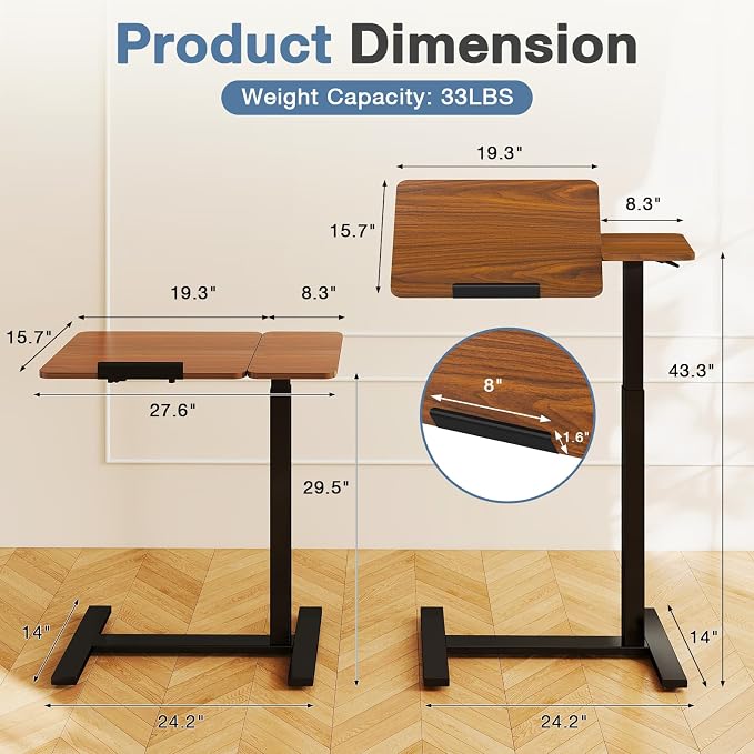 DUMOS Adjustable Bedside Overbed Table with Wheels, Brown | Laptop Standing Desk with Tilting Top Height, Mobile Rolling Computer Cart for Hospital Home Bedroom Use