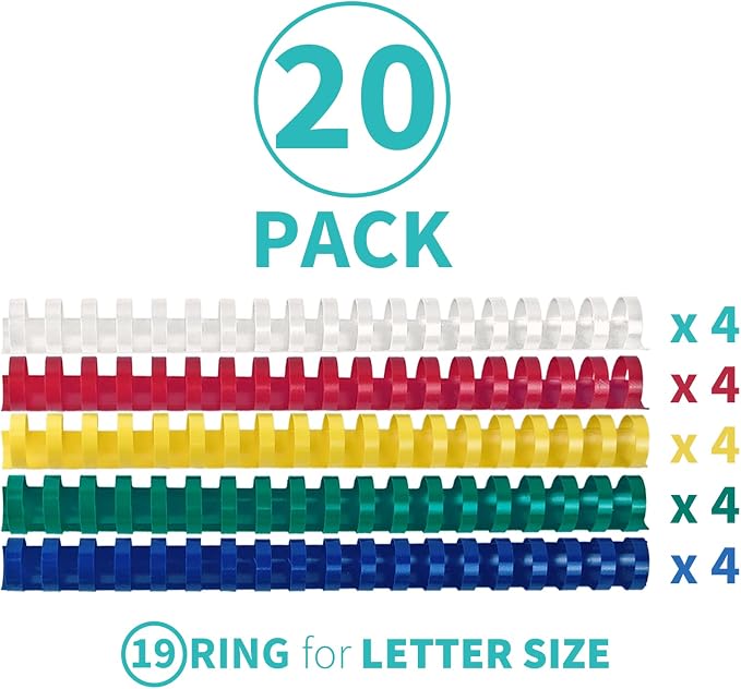 Binditek Plastic Binding Combs, 1 Inch, 19 Ring, Multi Color, 20 Pack | Plastic Binding Combs, 1 Inch Diameter, 225 Sheet Capacity, for Letter Size, Multi Color (White, Yellow, Red, Green, Blue)