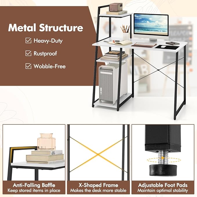 GIANTEX Computer Desk with Shelves, 47.5” Home Office Desk with Bookshelf, Host Stand, Metal Frame, PC Laptop Workstation, Modern Study Writing Desk for Bedroom, Small Space (White & Black)