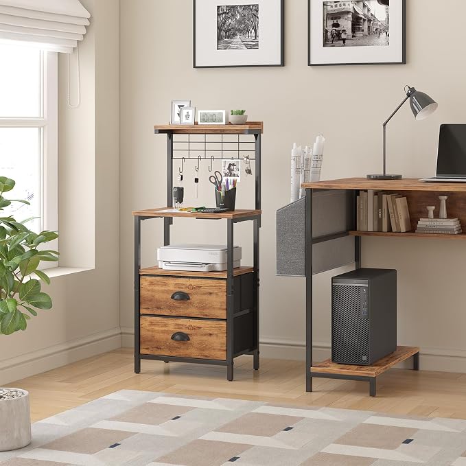sthmec Tall Nightstands with Charging Station, LED Night Stand Bedsides with 2 Drawers Fabric, Hooks,USB Port and Open Storage Shelves,Tall End Table Bedside for Bedroom,Office, Rustic Brown