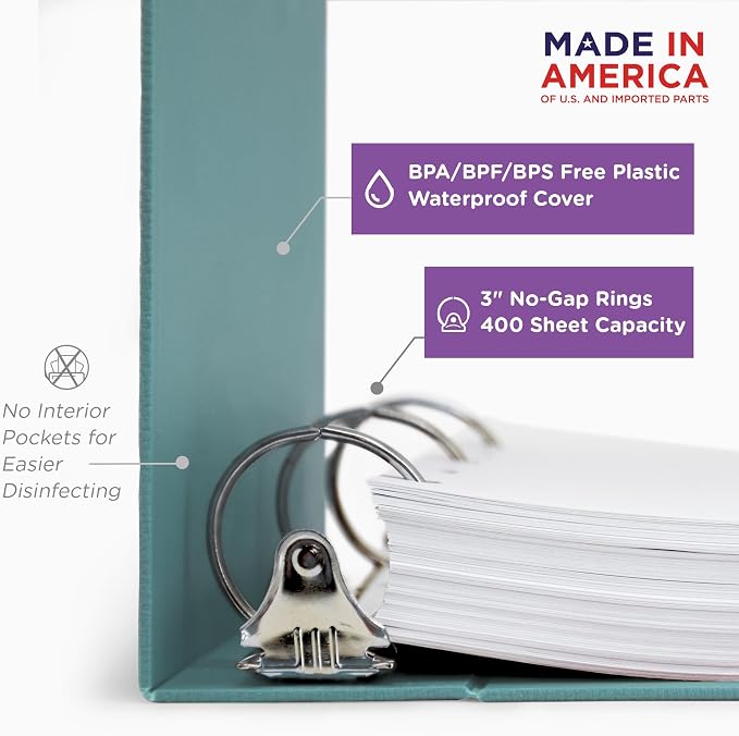 Carstens 3-Inch Heavy Duty 3-Ring Binder - Top Opening, Powder Blue, Durable Plastic, Precision No-Gap Rings, Waterproof Cover, No Pockets, Holds 400 Letter Sheets, BPA-Free, Made in USA (1754-3R)