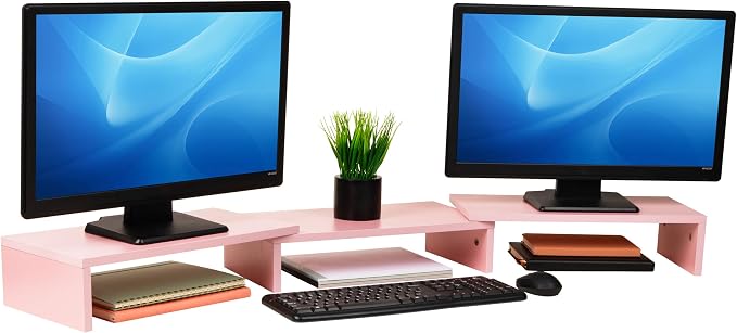 Mind Reader Dual Monitor Stand, Desktop Organizer, Laptop Riser, Office, MDF, 51.25"L x 9.25"W x 4.75"H, Pink