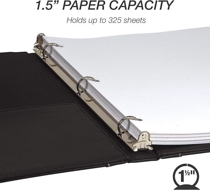 Samsill 1.5 Inch 3 Ring Binder, Leather, Black with Contrast Stitching, 8.5 x 11 Inch, 3 Rings, Notebook Binder, Portfolio Organizer, Planner, Journal
