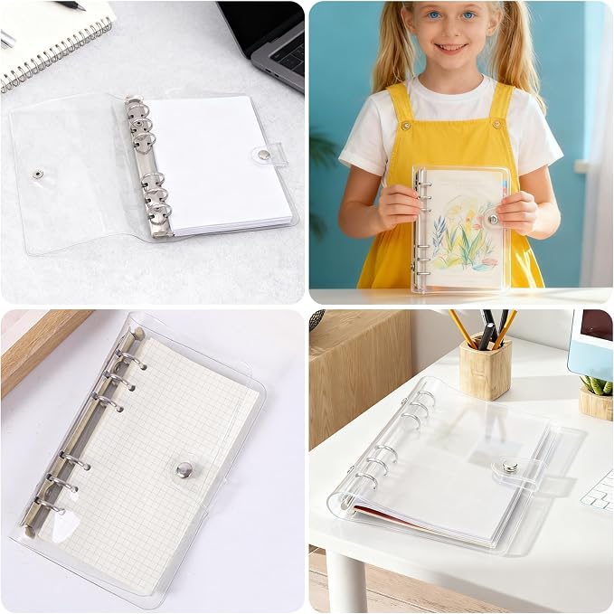 6 Pack PVC A6 Binder Transparent 6 Ring Binder Clear Soft PVC Notebook Cover Budget Planner Folder Cover with Snap Button