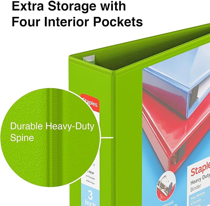 Staples Heavy-Duty 3-Inch D-Ring View Binder, Reinforced Spine, Holds Up to 600 Sheets, Chartreuse, for Office & School