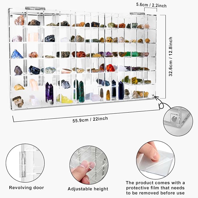 Adjustable Seashell Display Case Box Large Rock Fossil Arrowhead Case | Crystal Organizer Clear Wall Mounted & Desktop 60 Room Shadow Box for Mini Pop Figure, Collectibles, with Mirrored & Lid