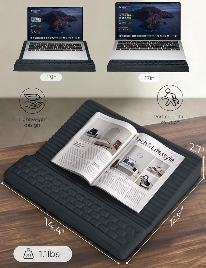 Adjustable Lap Desk with Wrist Rest, Reversible Laptop Stand | Cooling Grip Surface, Fits up to 17'' Laptop, Portable Lap Desk with Pillow Cushion, Computer Tray for Home Office, Dark Gray